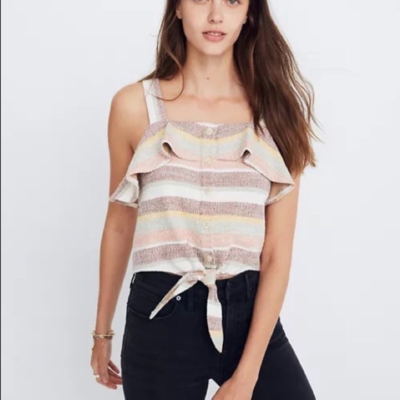 🌹Madewell Texture & Thread Ruffle Tie-Front Tank in Stripe S Soft White Red - Picture 1 of 12
